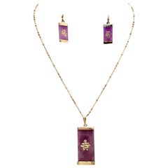 Vintage 20th Century Italian 925 Sterling Lavender Jade Pendant Necklace & Earrings S/3