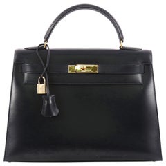 Hermes Kelly Handbag Blue Marine Box Calf with Gold Hardware 32