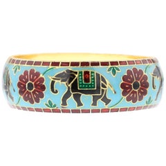 Elephant and Floral Enamel Bangle Bracelet in Brass- Light Blue