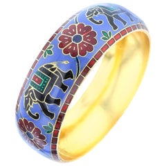 Elephant and Floral Enamel Bangle Bracelet in Brass- Steel Blue