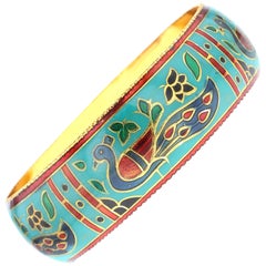 Traditional Peacock Enamel Bangle Bracelet in Brass- Teal