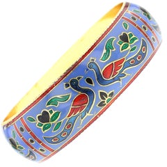 Traditional Peacock Enamel Bangle Bracelet in Brass- Steel Blue