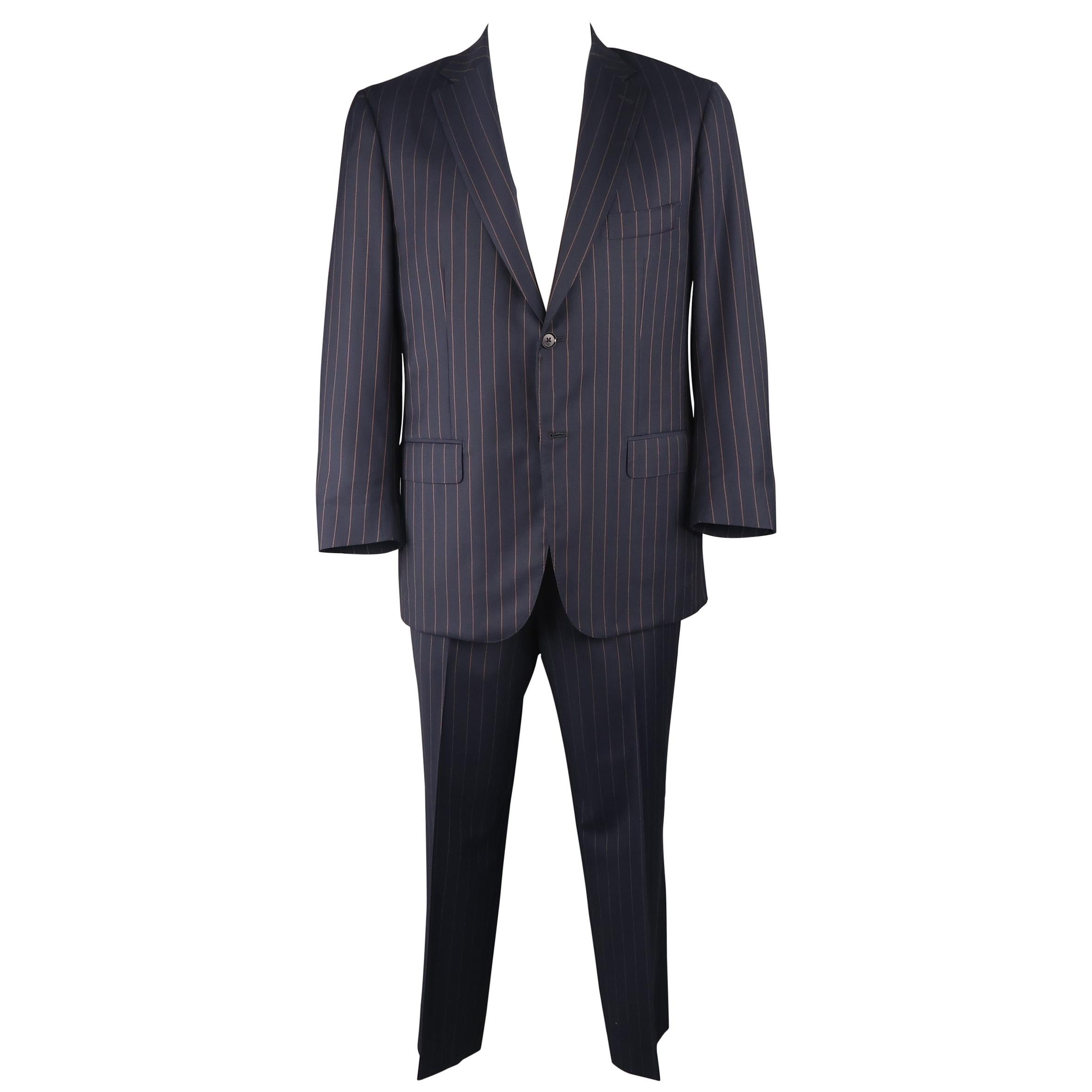 ISAIA 44 Regular Navy Striped Wool Single Breasted Notch Lapel Suit