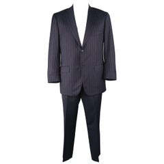 ISAIA 44 Regular Navy Striped Wool Single Breasted Notch Lapel Suit