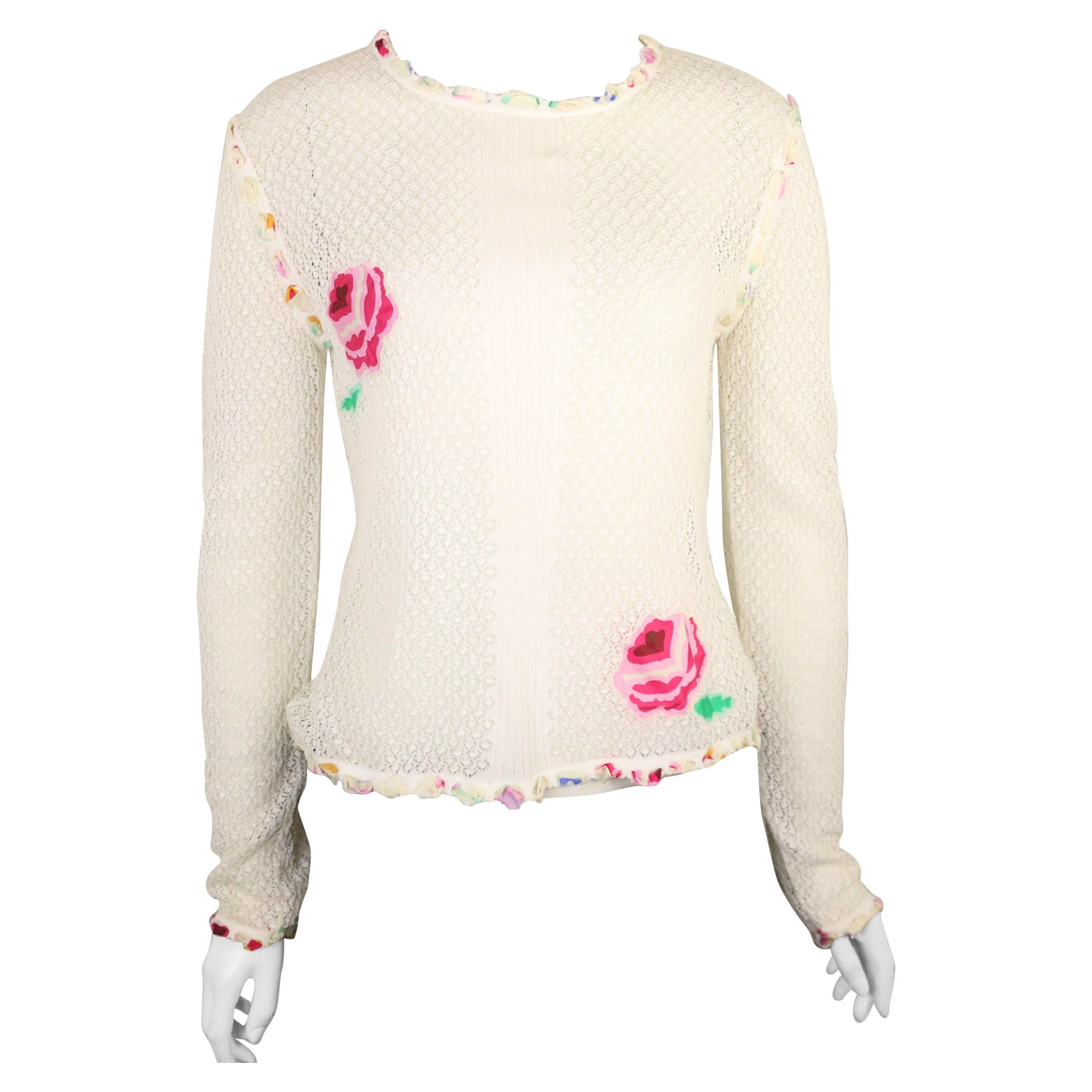 Chanel White Cotton Knitted with Inserted Colours Silk Trims Long Sleeves Top For Sale