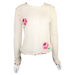 Chanel White Cotton Knitted with Inserted Colours Silk Trims Long Sleeves Top