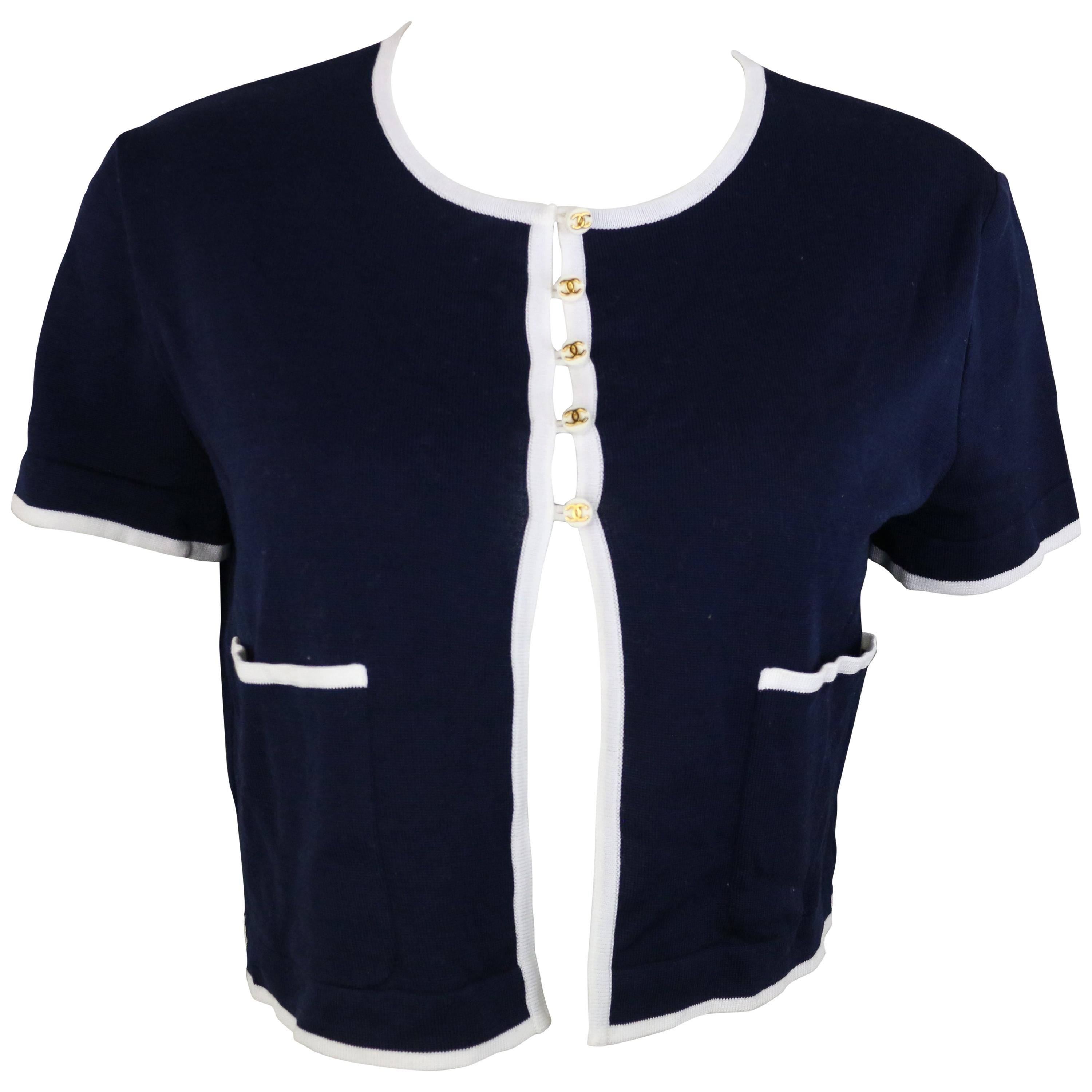Chanel Navy with White Piping Cotton Knitted Cropped Short Sleeves Cardigan 