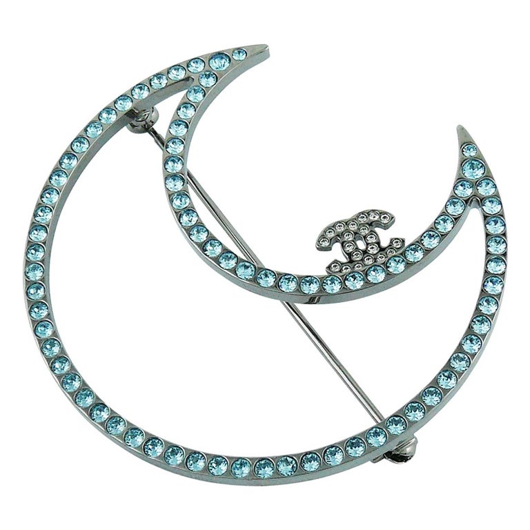 Chanel Jewelled Ruthenium Crescent Moon Brooch at 1stDibs