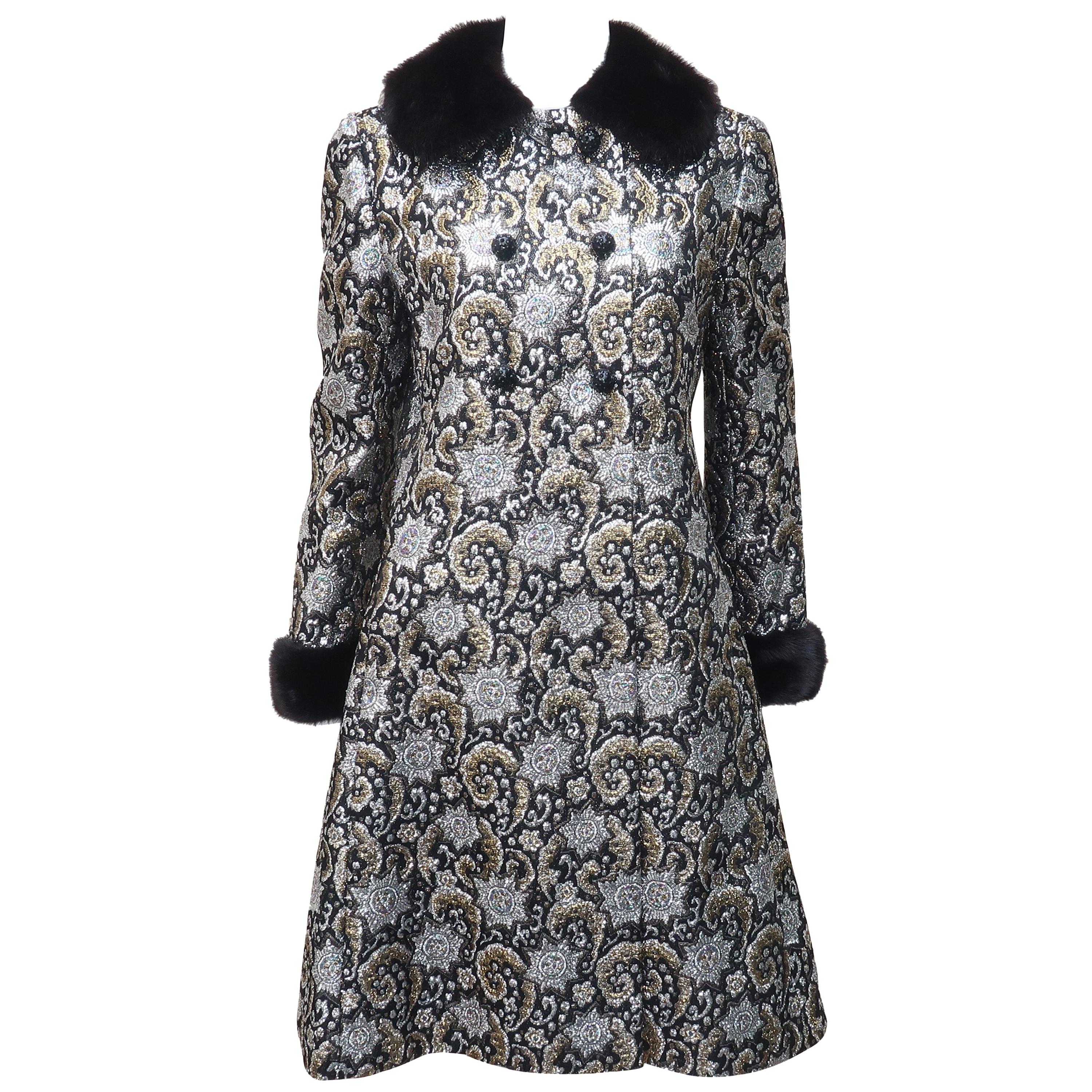 1960’s Lillie Rubin Silver Lamé & Black Metallic Dress & Coat With Mink Trim