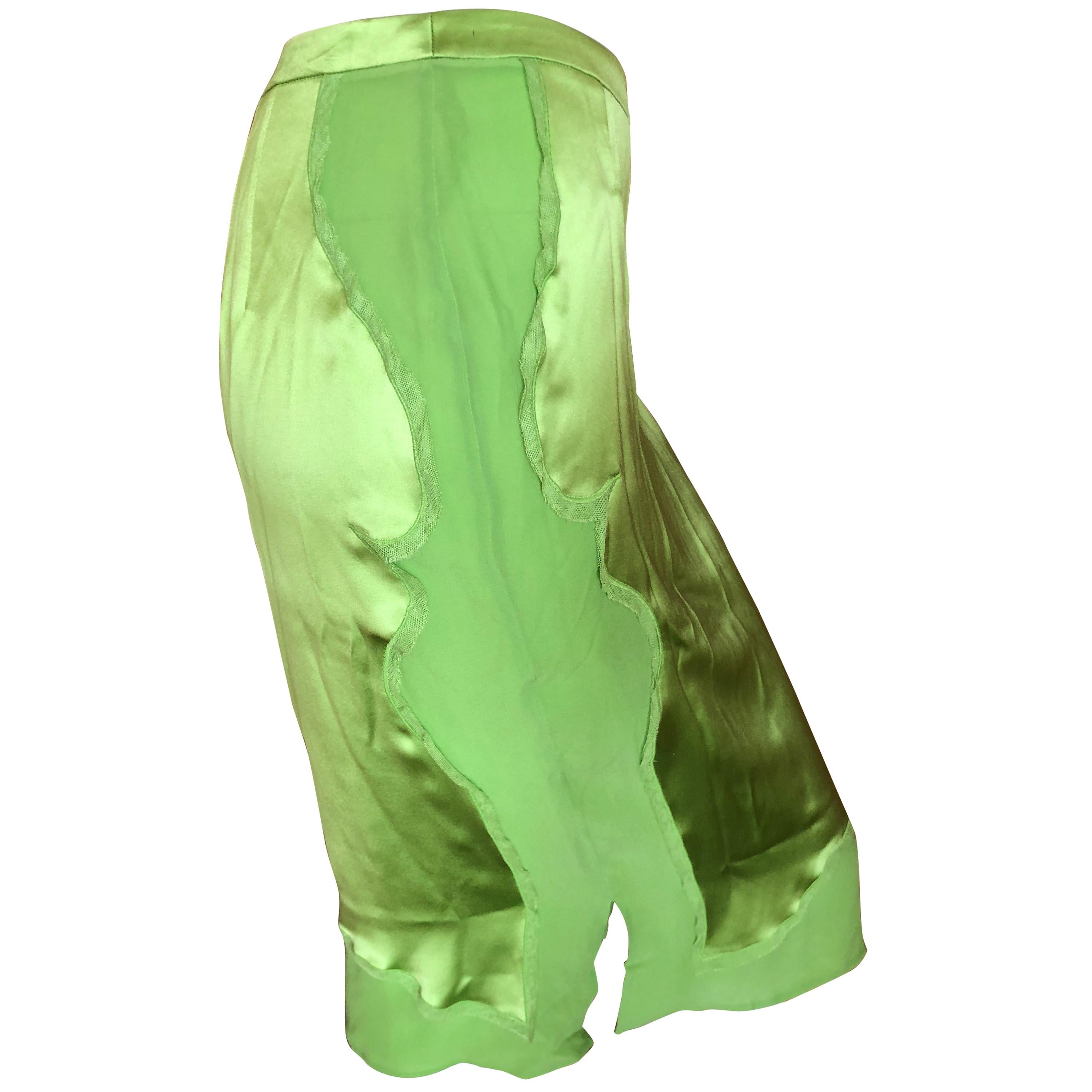 Yves Saint Laurent by Tom Ford 2004 Bright Green Silk Skirt New with Tags Sz 38 For Sale