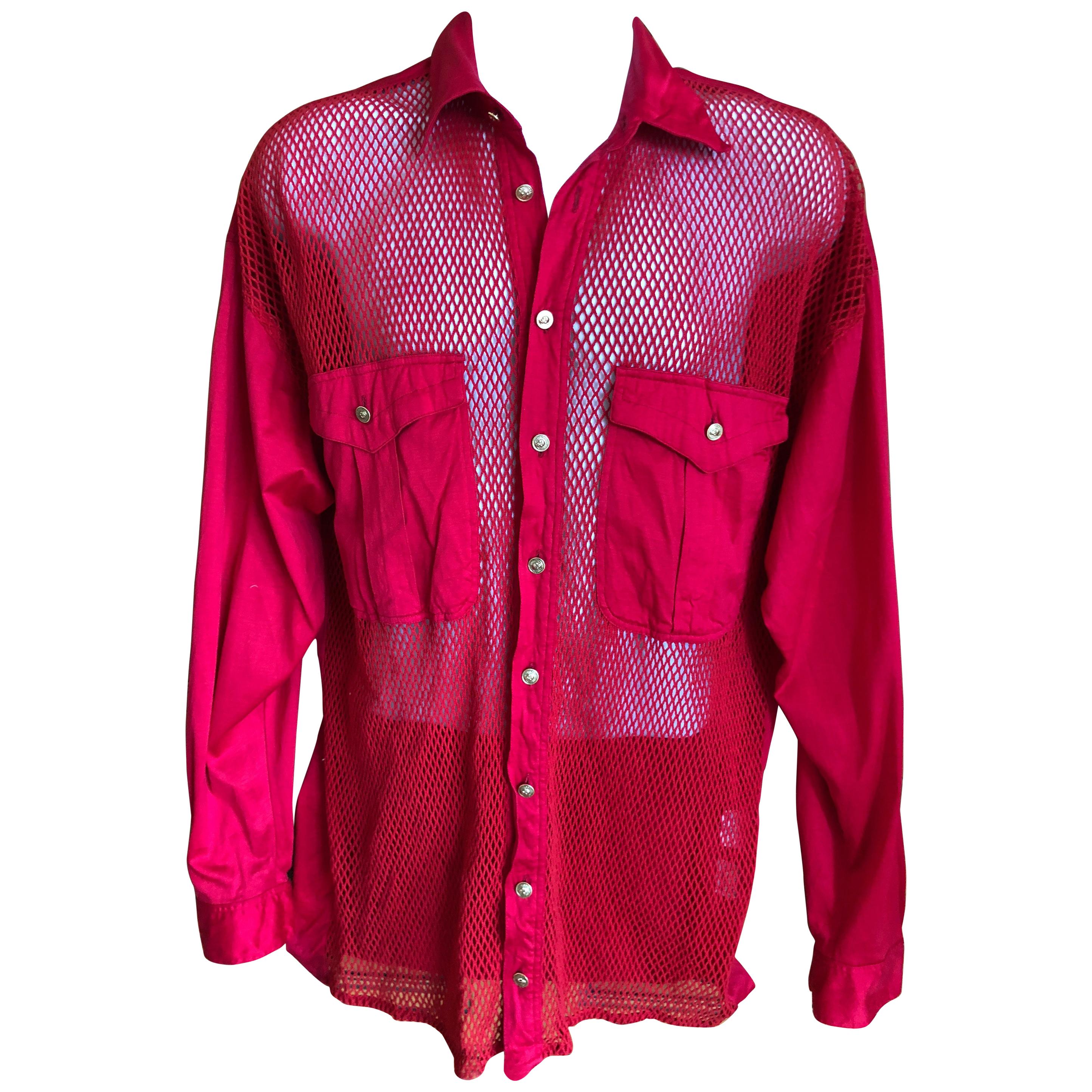 Versus Gianni Versace Rare 1993 Red Sheer Mesh Men's Large Shirt  For Sale