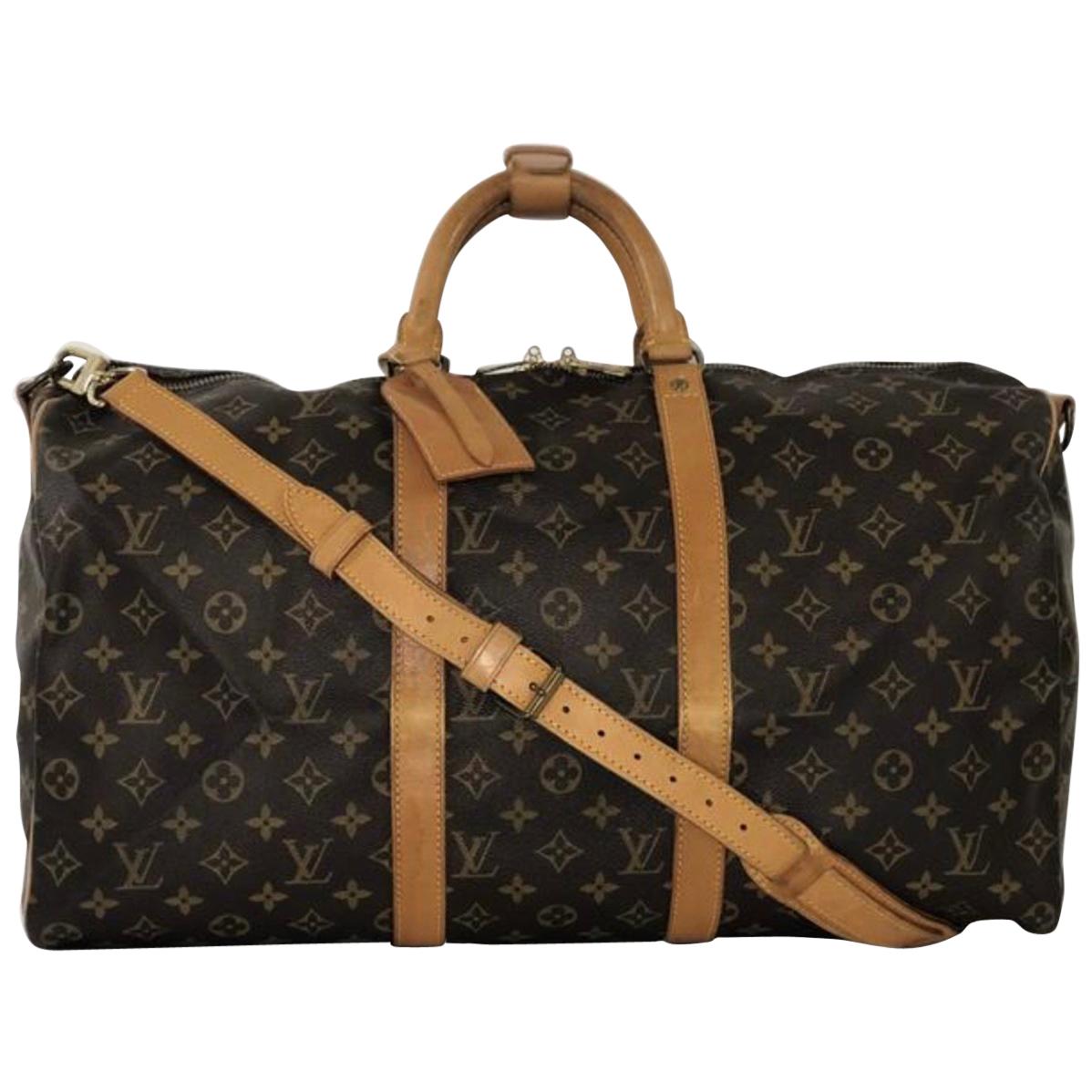 Louis Vuitton Monogram Keepall Bandoliere 50 Travel Handbag For Sale