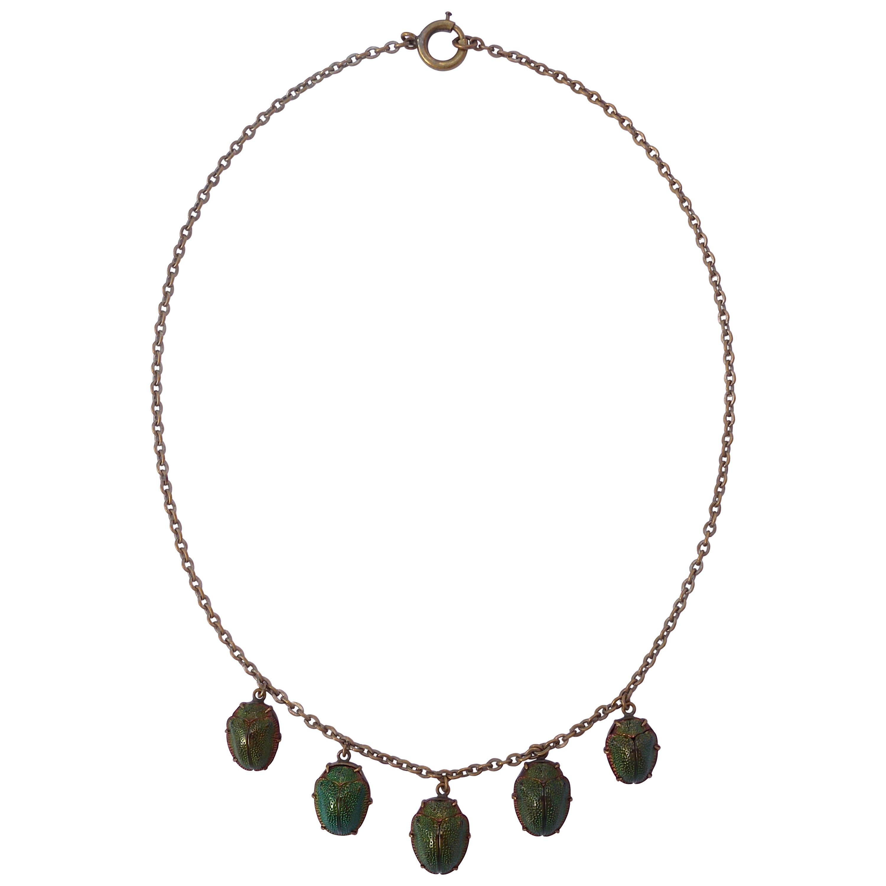 Vintage Gold Tone Real Iridescent Green Scarab Beetle Drop Necklace, circa 1920s