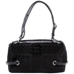 Chanel Vintage CC Side Belted Bowler Bag Check Embossed Velvet Medium 