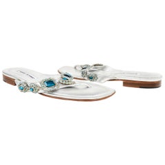 Manolo Blahnik Shoe Silver Thong Sandal w Aqua Diamantes 40 / 10
