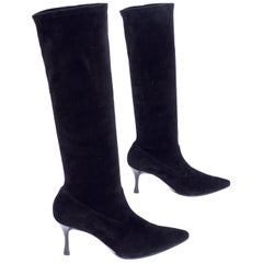 Manolo Blahnik Boots in Black Suede Knee Length With 3" Heels in Size 38.5