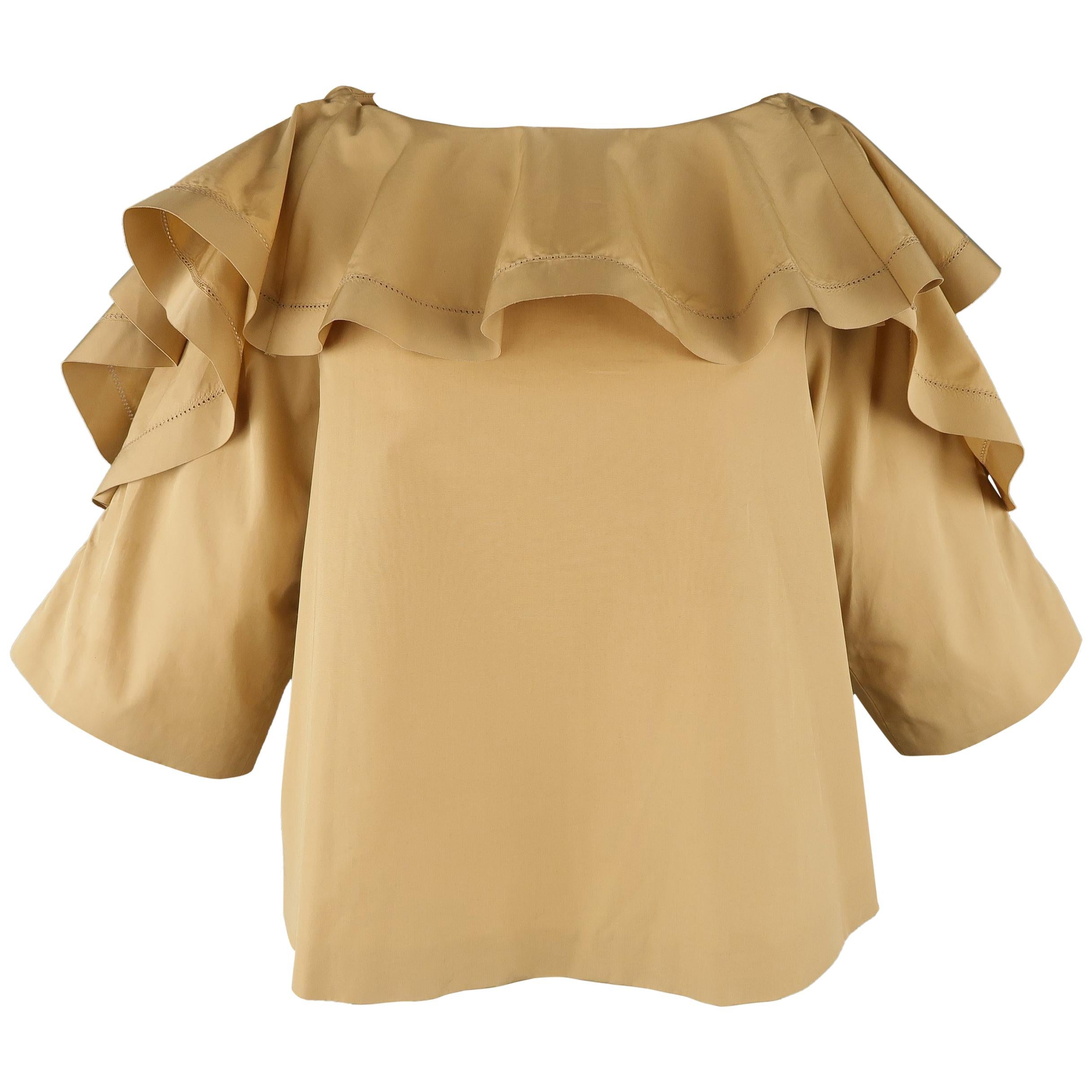 CHLOE Size 2 Beige Cotton Ruffled Collar A line Blouse