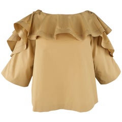 Vintage CHLOE Size 2 Beige Cotton Ruffled Collar A line Blouse