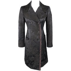 MIU MIU Size 6 Black Silk Blend Damask Ribbon Trim Double Breasted Pea Coat