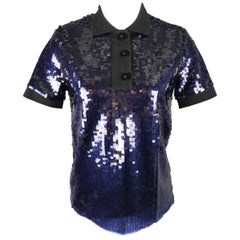 CARVEN Size M Navy & Black Payette Sequin Polo