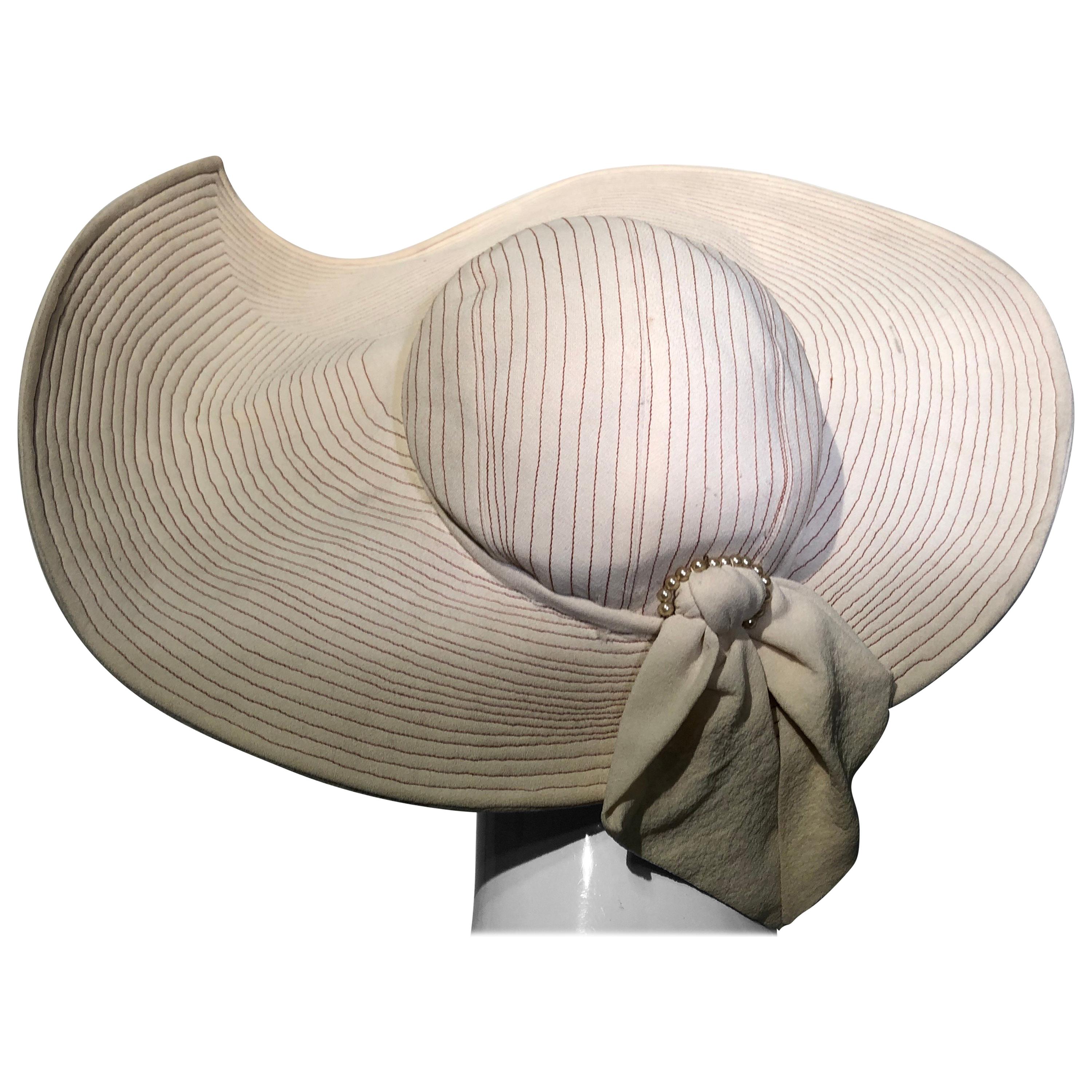1930s Lucille Morgan Eggshell Summer Crepe Picture Hat With Trapunto Stitching For Sale