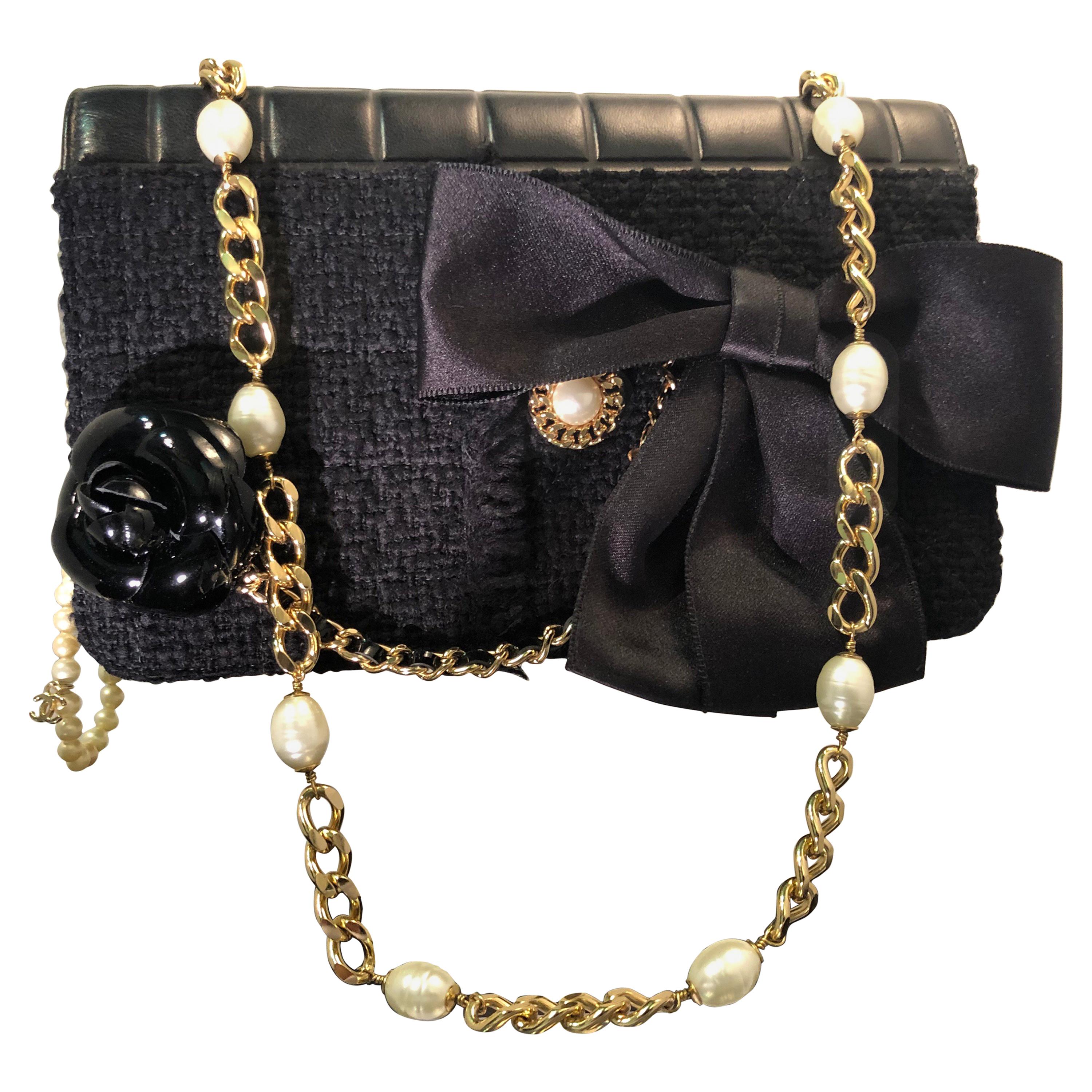 Chanel Black Boucle / Kid Leather Handbag with Camellia and CC Pearls