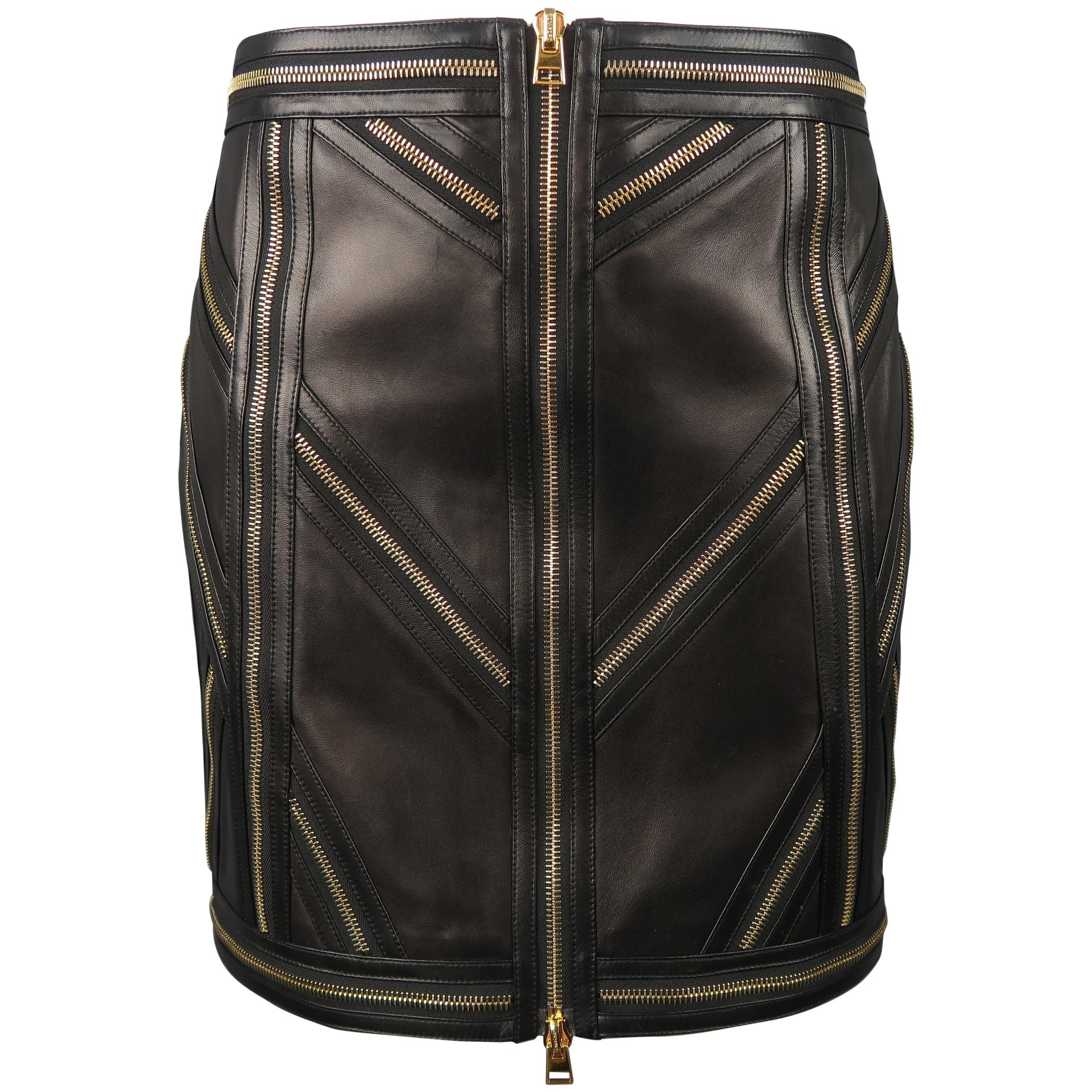 TOM FORD Size 6 Black Leather Gold Zippers Pattern Mini Skirt