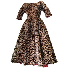 Vintage 1950s Suzy Perette Leopard Print Velvet Swing Cocktail Dress W/ Red Crinoline 