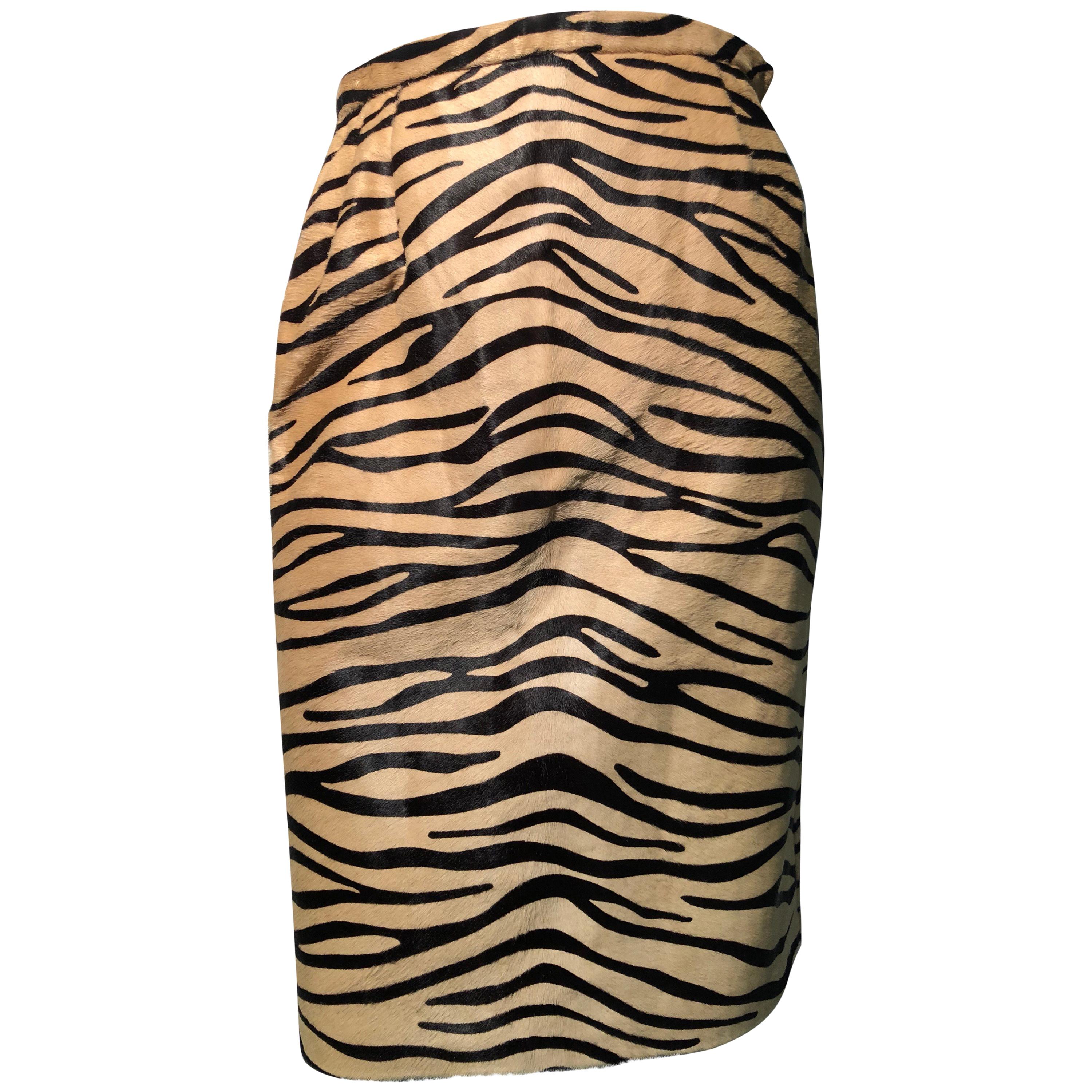 1980s Bill Blass Tiger Print Stenciled Calf Fur Pencil Skirt  For Sale