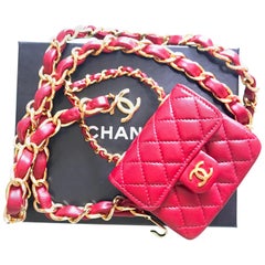 Chanel Vintage red lambskin mini 2.55 bag charm chain leather belt with CC mark