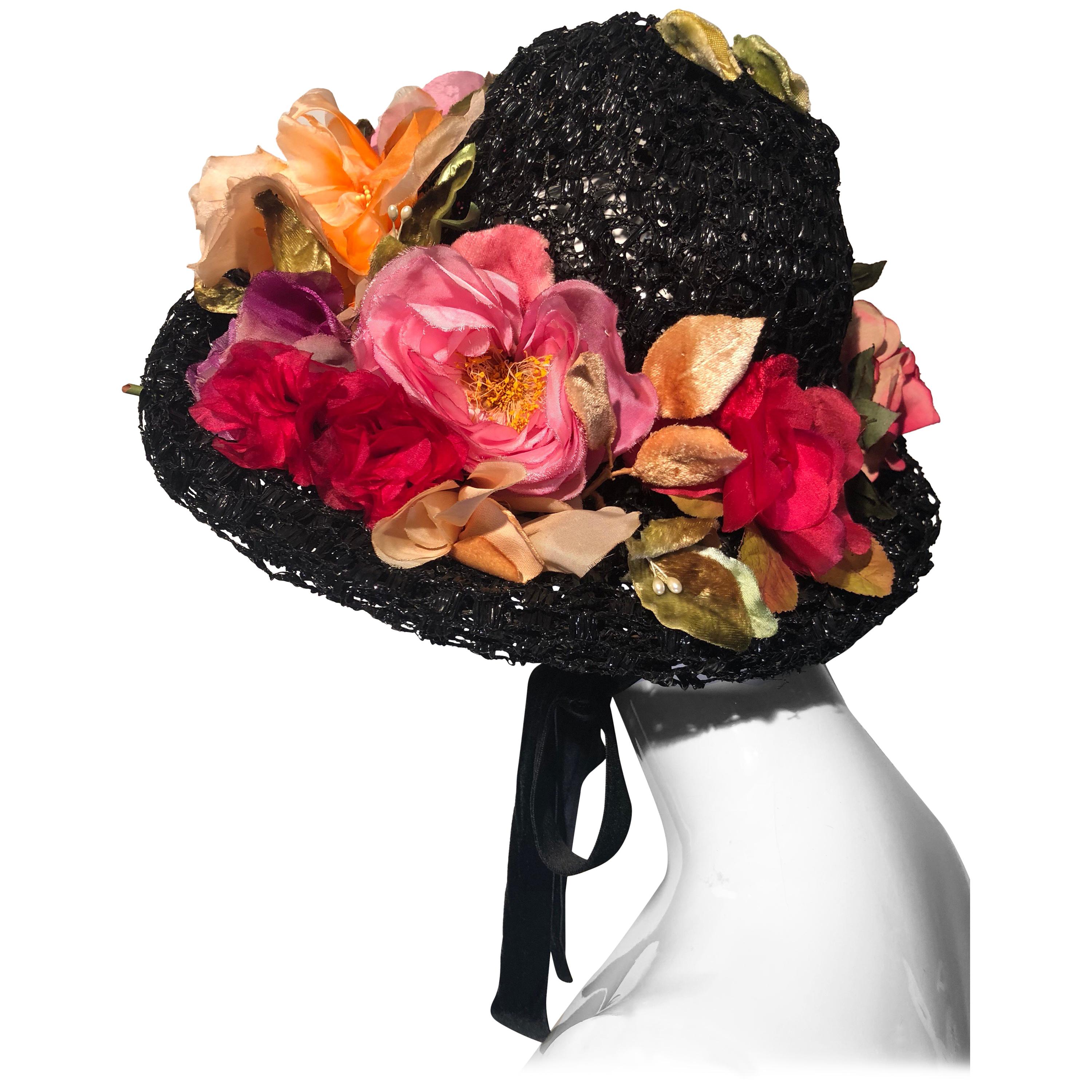 1950s Irina Roublon Silk Floral Trim Black Straw Hat W/ Velvet Ribbons For Sale