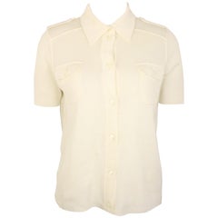 Prada White Cotton Knitted Shoulder Epaulettes Short Sleeves Collar Shirt 