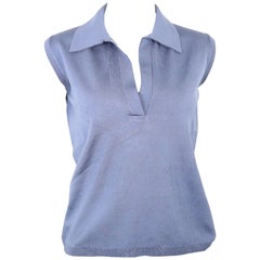 Prada Blue Silk Knitted Sleeveless Opening Collar Top 