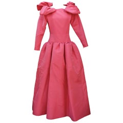 Nina Ricci pink silk opera dress with golden embroideries and bows, 1990s