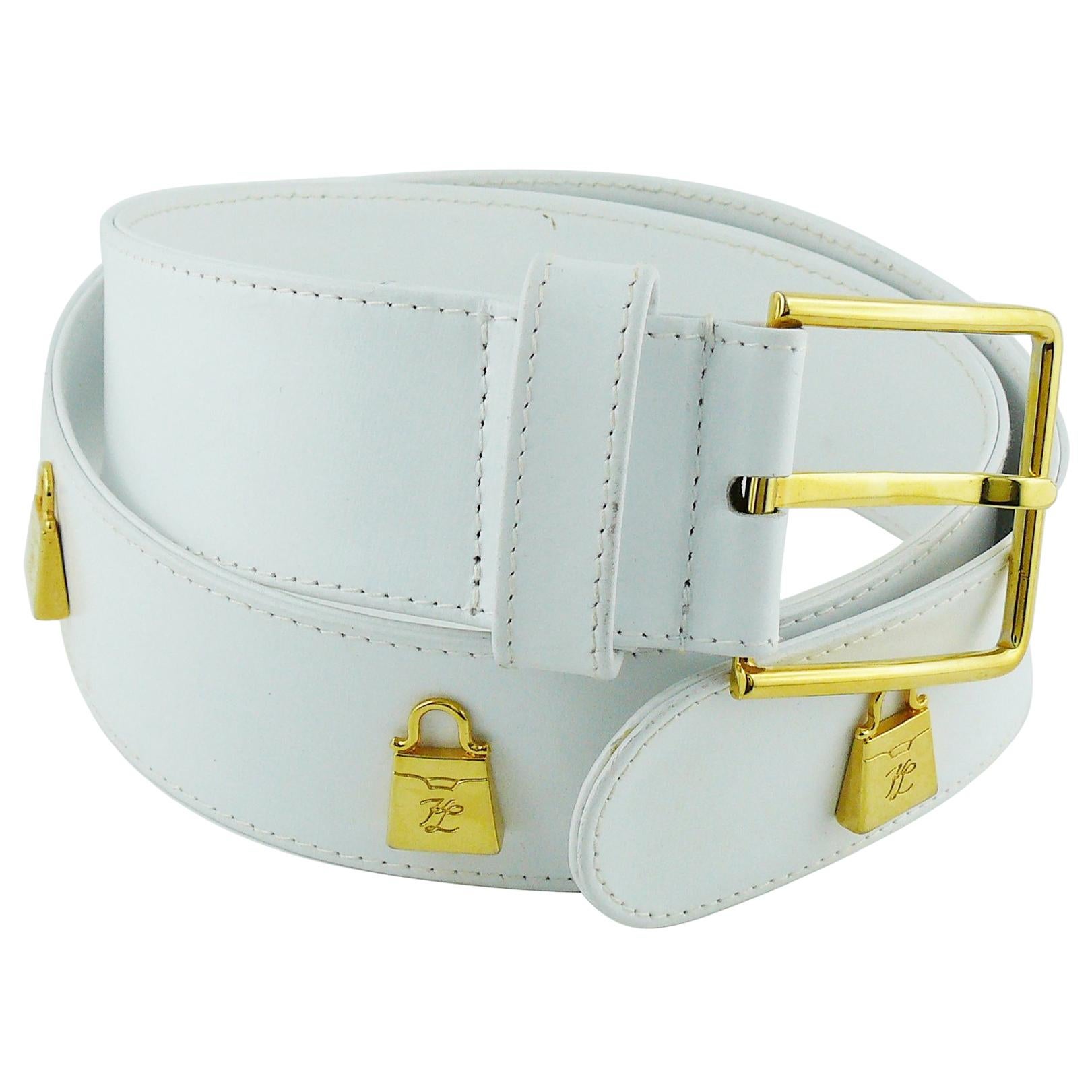 Karl Lagerfeld Vintage White Leather Belt with Gold Toned Handbags For Sale