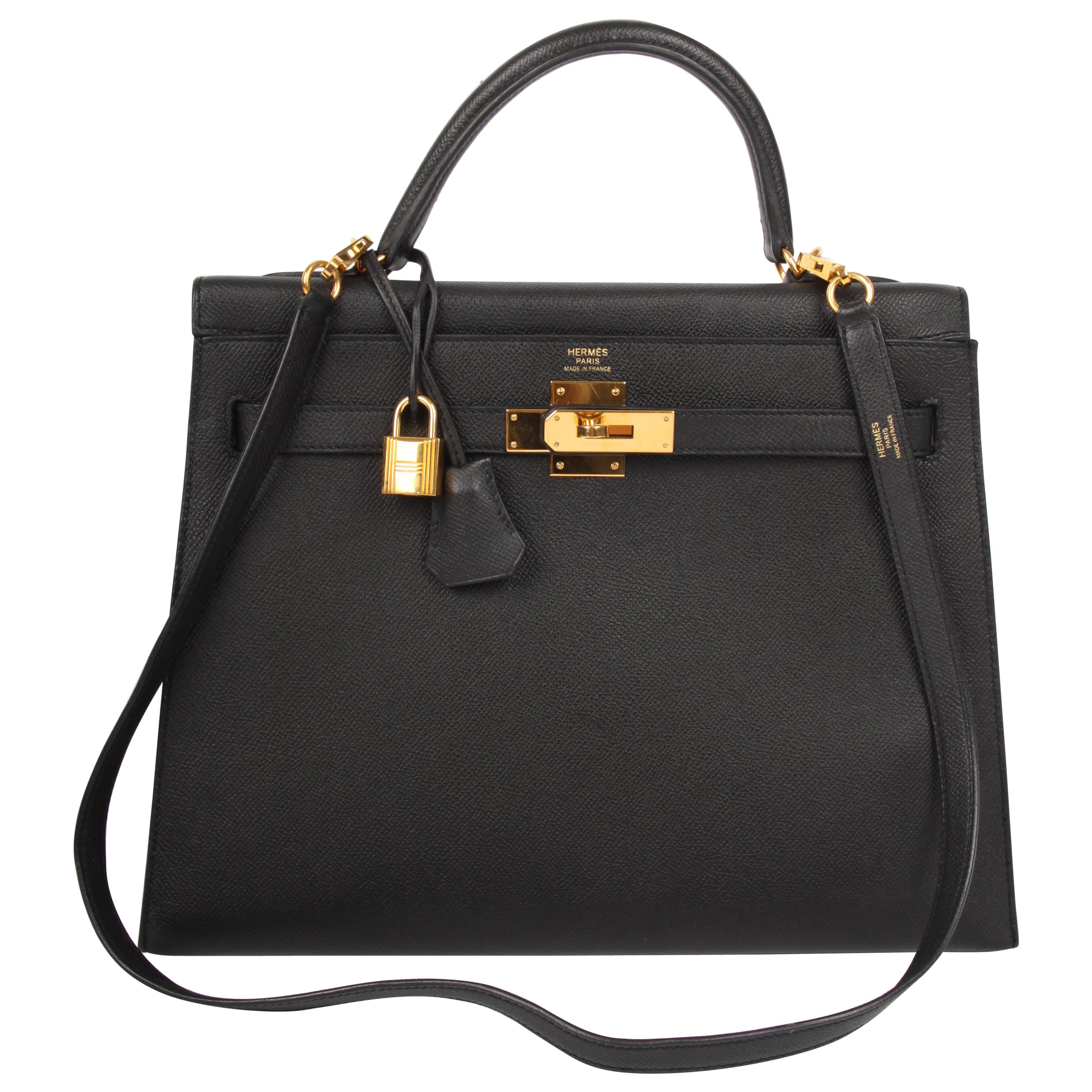 Hermes black Epsom Leather Kelly Sellier 32 Bag  For Sale
