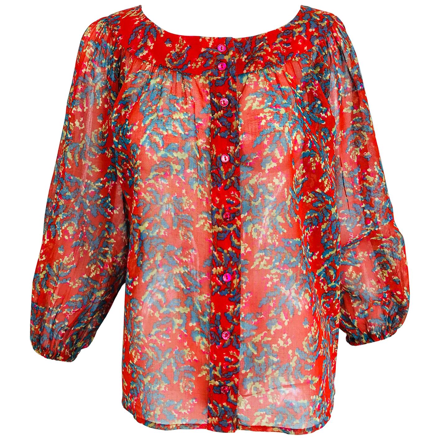 Yves Saint Laurent sheer floral cotton peasant blouse 1970s