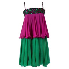 Vintage 1960's Maisonette Couture Green & Fuschia Tiered Sequin Silk Mod Dress