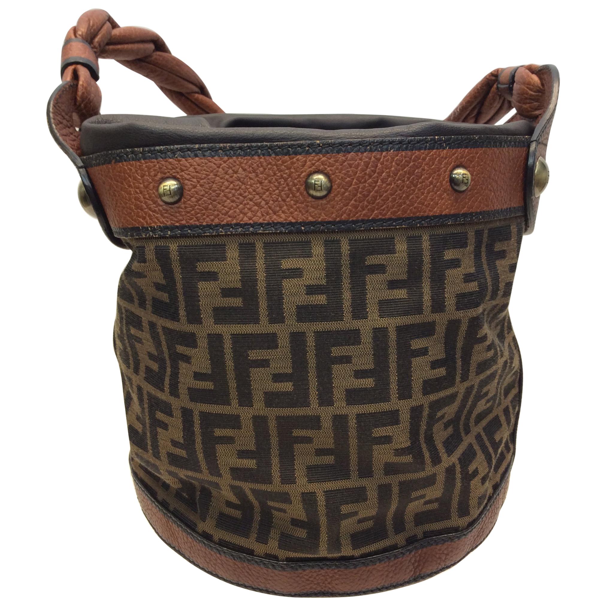 Fendi Monogram Brown Drawstring Bucket Bag For Sale