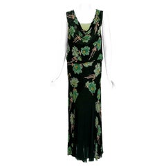 Vintage 1930's Green Black Floral Sheer Lace & Chiffon Bias-Cut Gown w/ Jacket