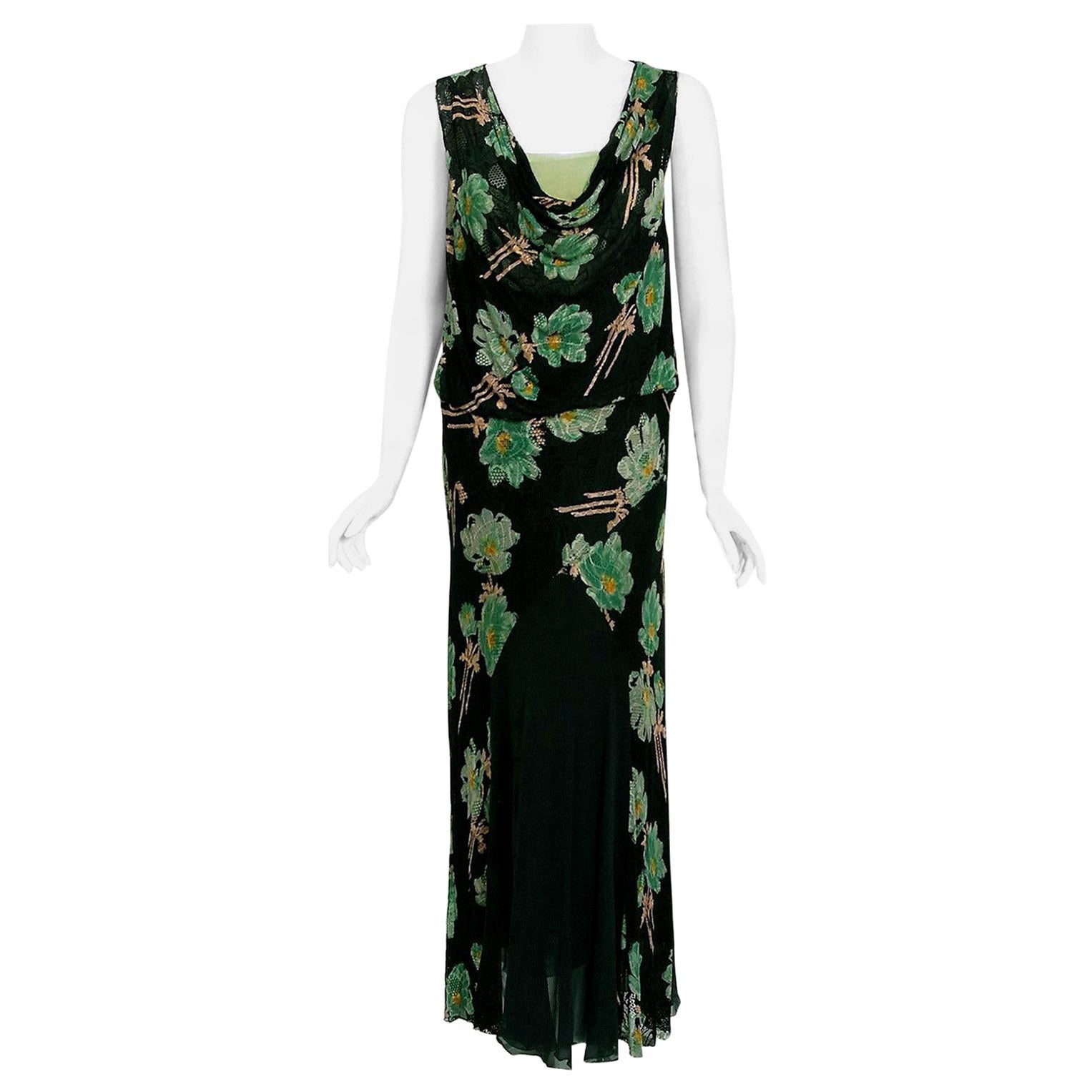 Vintage 1930's Green Black Floral Sheer Lace & Chiffon Bias-Cut Gown w/ Jacket