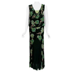 Robe vintage des années 1930 en dentelle et mousseline de soie transparente à fleurs vertes et noires coupée en biais avec veste