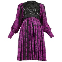 Vintage Galanos 1980s Purple & Black Stripe and Sequin Cocktail Dress