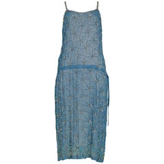 Dries Van Noten Vintage Blaues perlenbesetztes Slip-Kleid