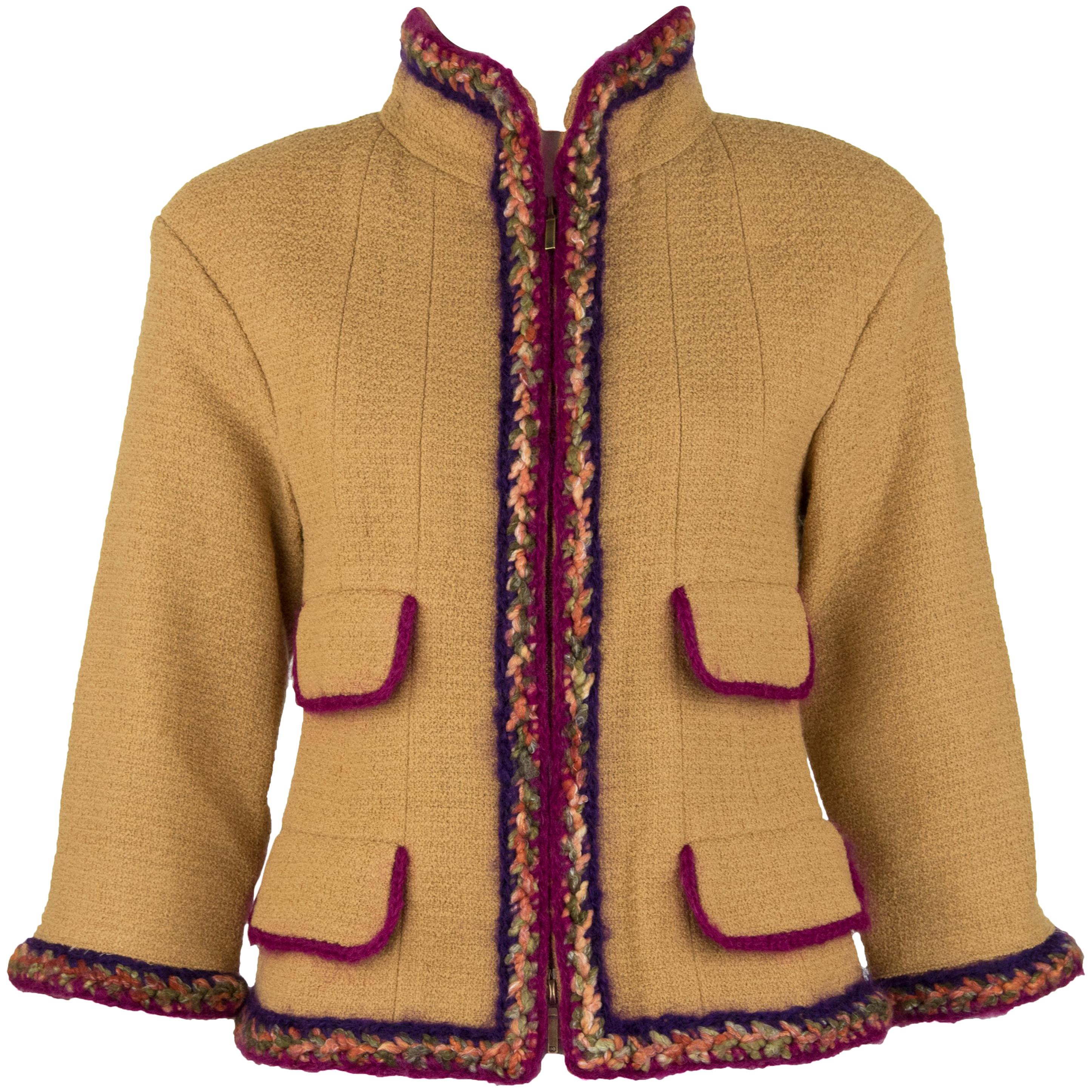 Chanel Camel Blazer with Magenta Multicolor Wool Trim - Size FR 36 For Sale