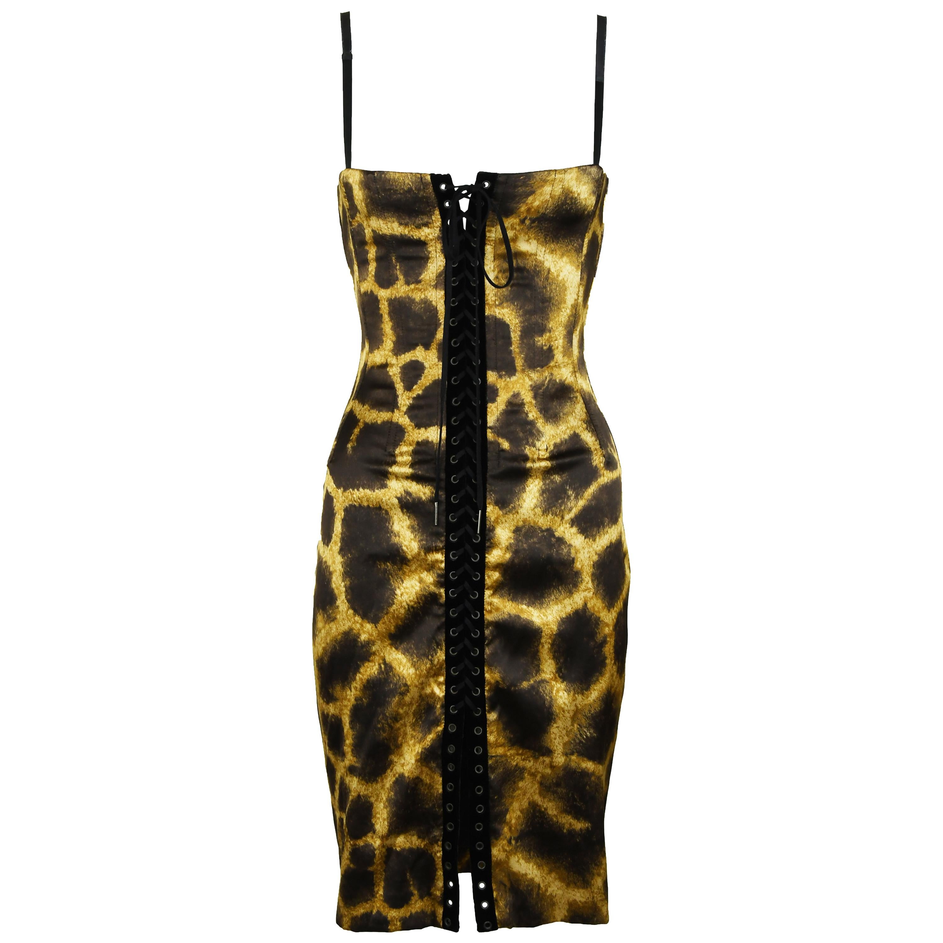 Dolce & Gabbana Giraffe Print Silk Lace Up Dress - Size IT 40 For Sale