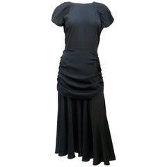 1980's Black Rouched Dress with Double Flounces on the Back