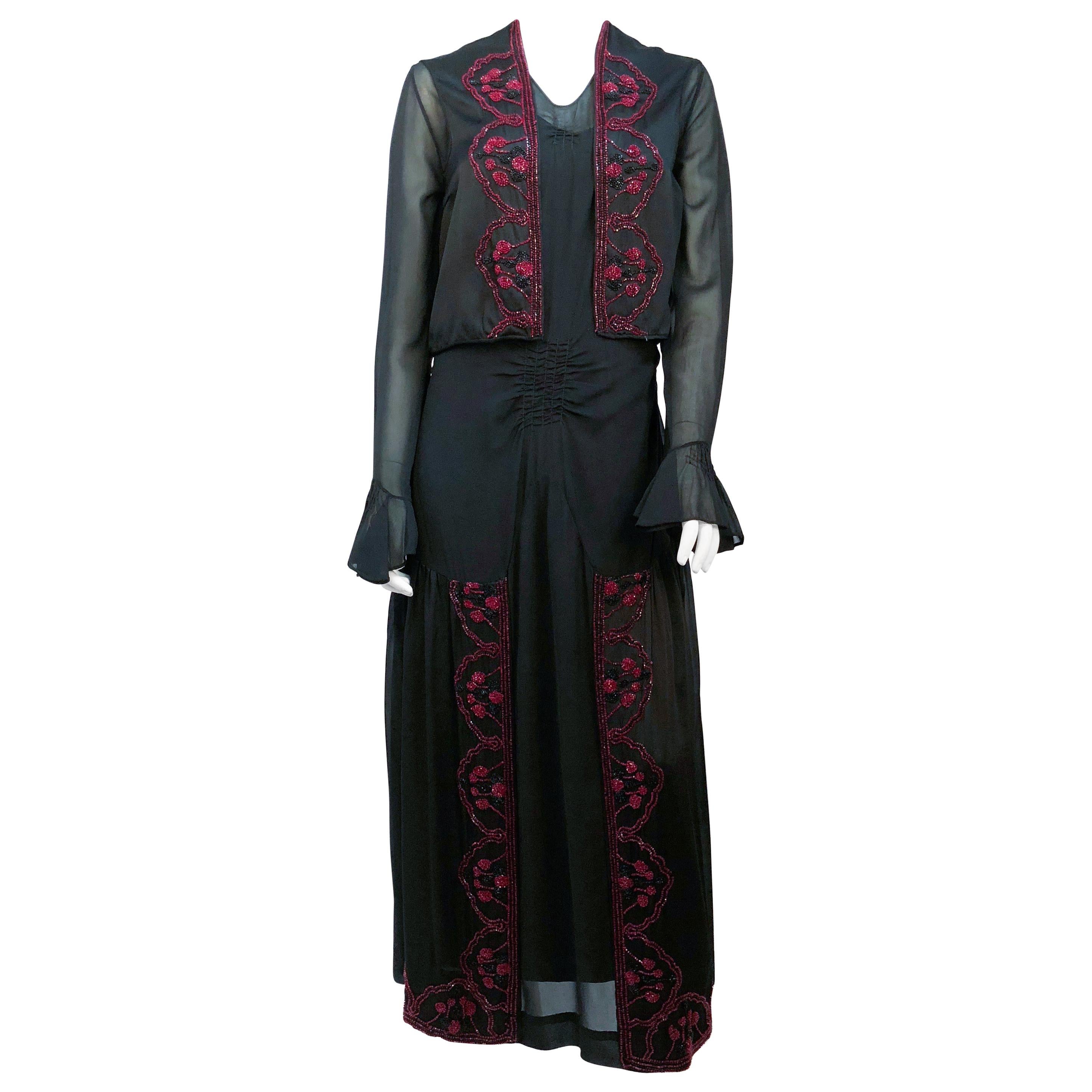 1920s Black Silk Chiffon Dress and Vest with Hand Beading Detail For Sale
