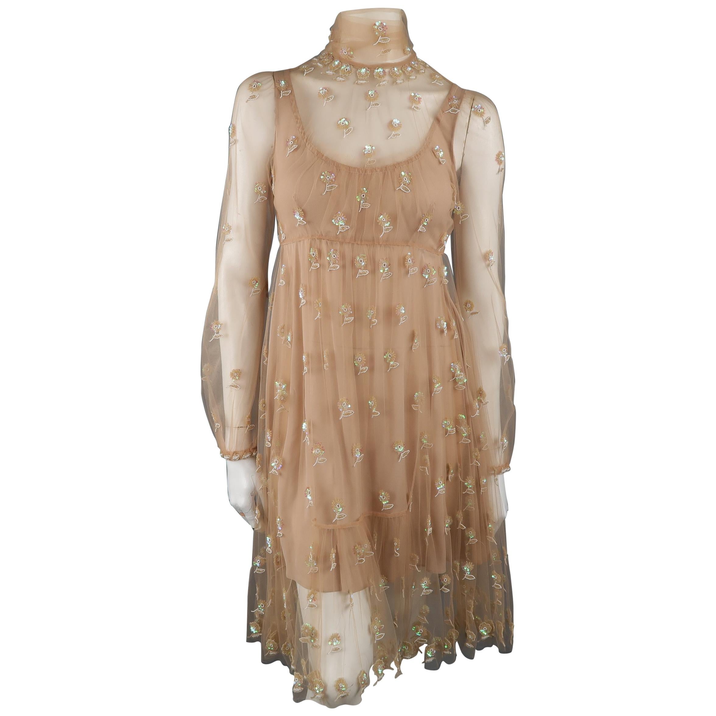 Valentino Dress - Tan Floral Beaded Tulle Scarf Cocktail Dress