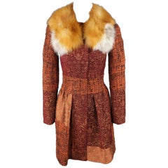 ALBERTA FERRETTI Size 2 Burgundy Patchwork Wool Blend Fur Collar Coat